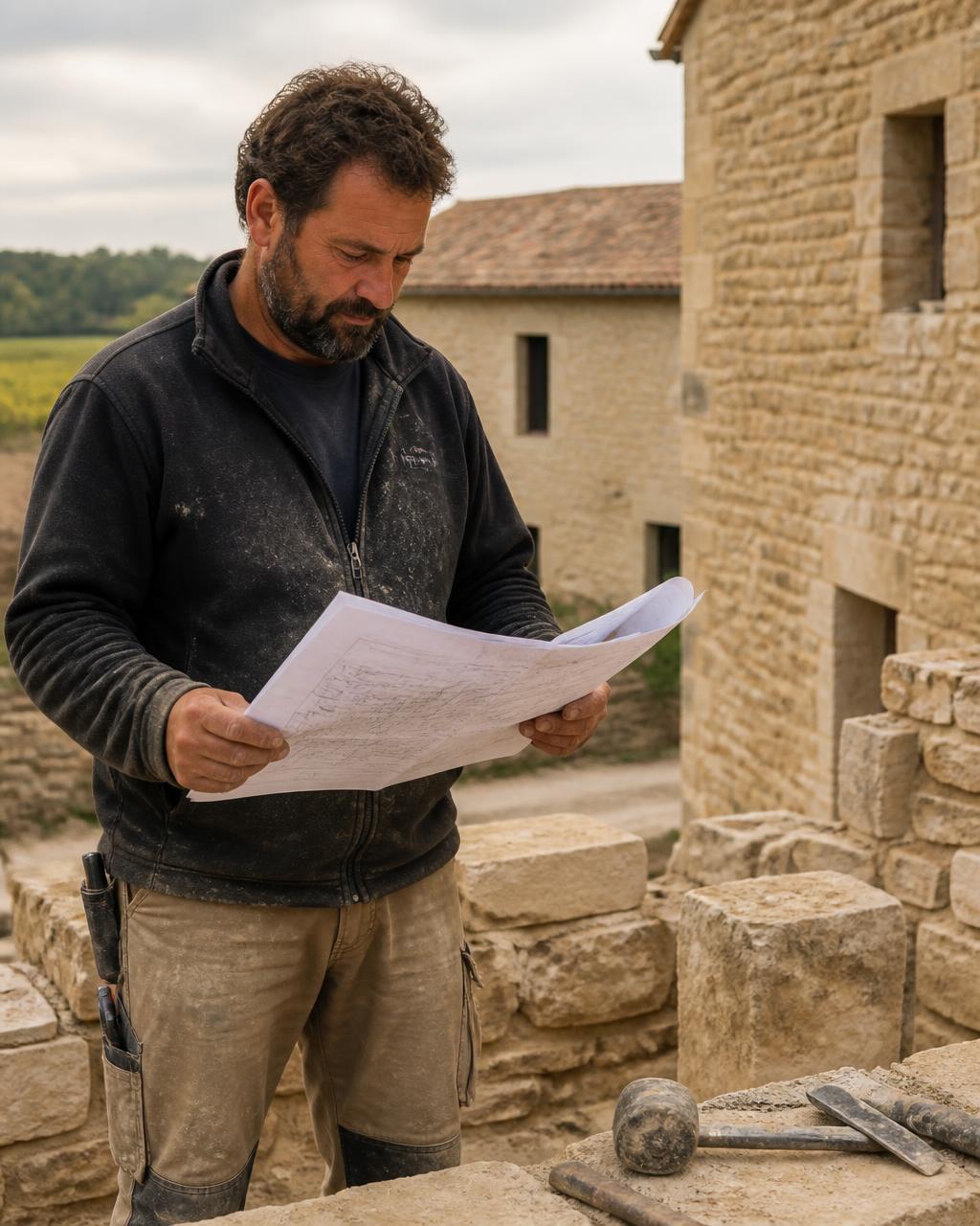 Artisan maçon EGCA étudiant les plans devant une maison en pierre en rénovation