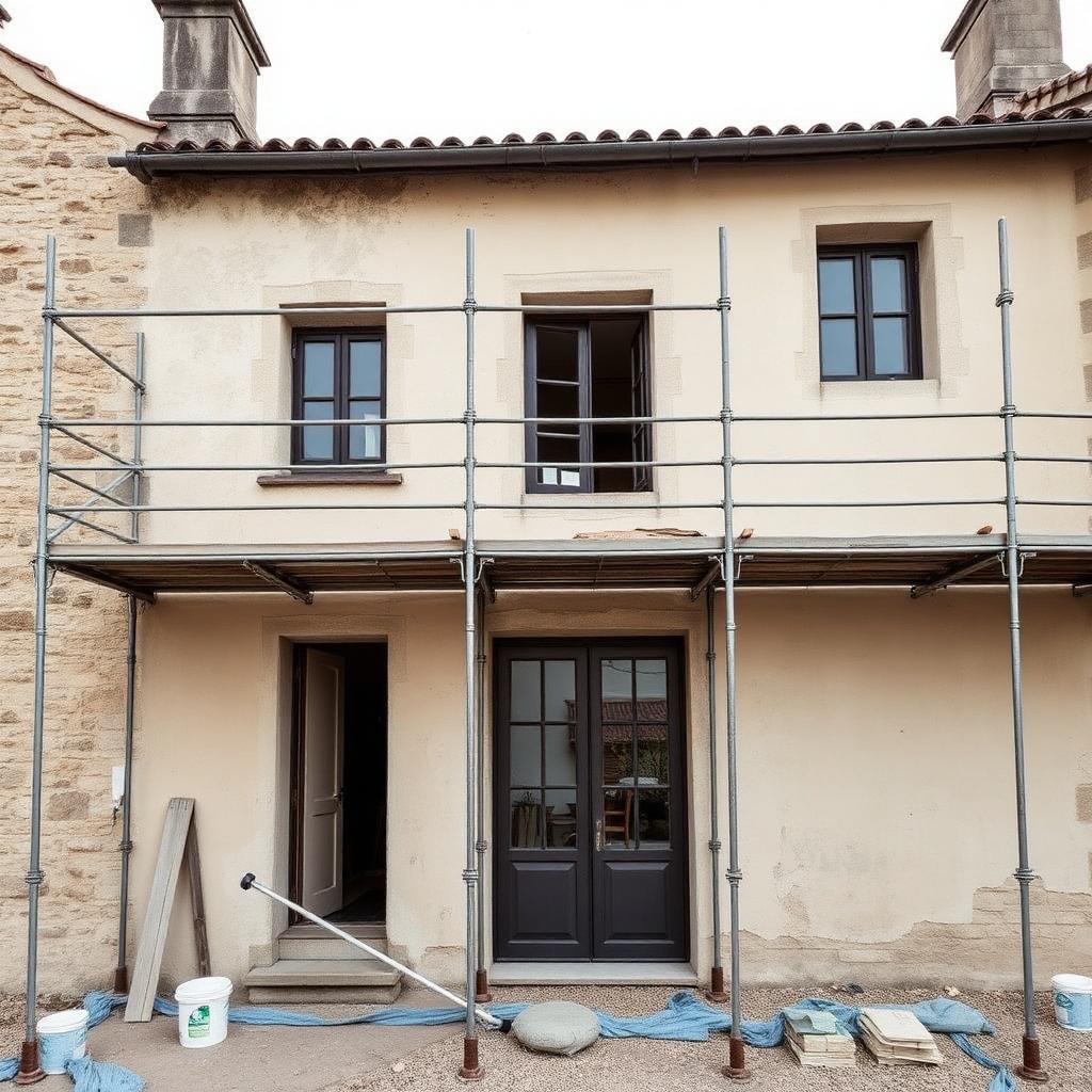 Maison en pierre ancienne en cours de rénovation avec échafaudage et enduit neuf