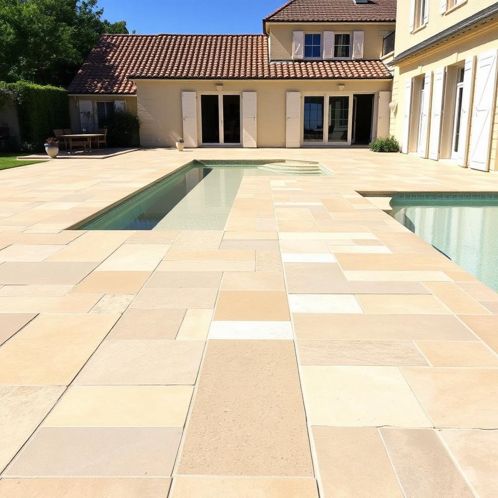 Grande terrasse dallée en pierre beige autour d'une piscine