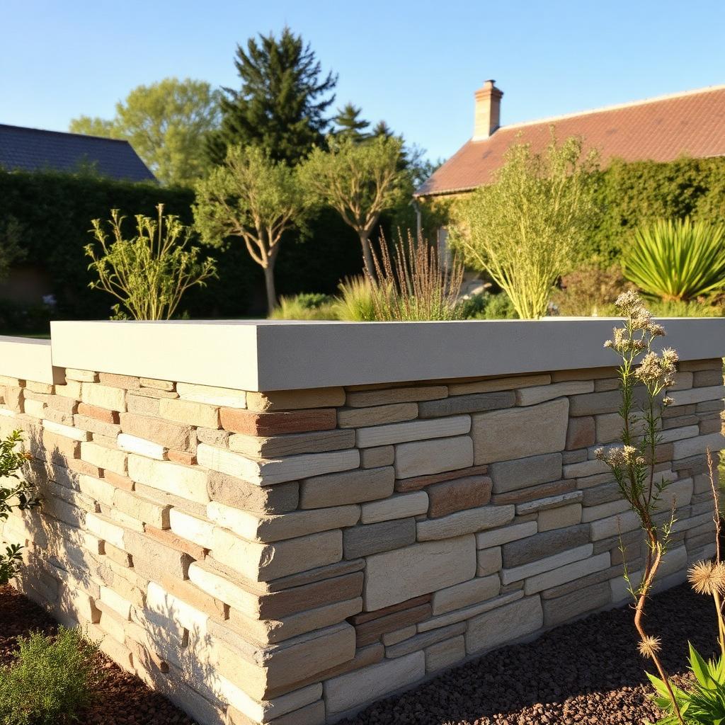 Mur de clôture en pierre naturelle avec couvertine béton dans un jardin